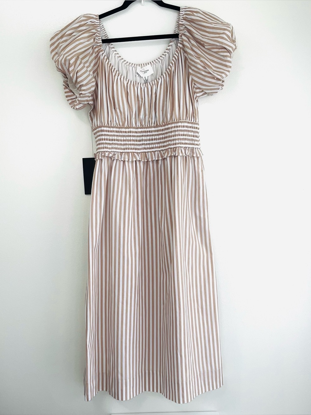 Pomander Place Flynn Midi Dress NWT Stripe White/Tan Puffy Short Sleeve Vacay XL